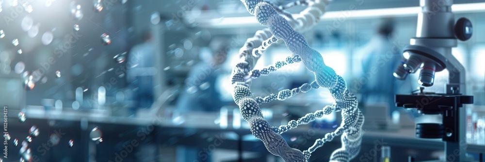 Poster a detailed dna strand is prominently displayed against a blurred laboratory backdrop filled with res