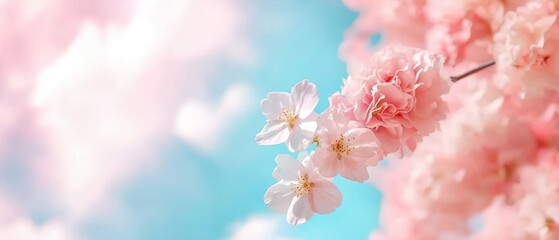 Fototapeta premium A tight shot of pink blooms on a tree branch against a backdrop of a blue sky, dotted with clouds