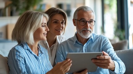 A financial planner holding a tablet with charts, explaining investment opportunities to a couple.