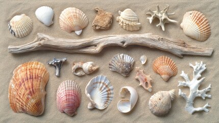 A flat-lay of seashells and driftwood arranged artistically on a sandy surface.