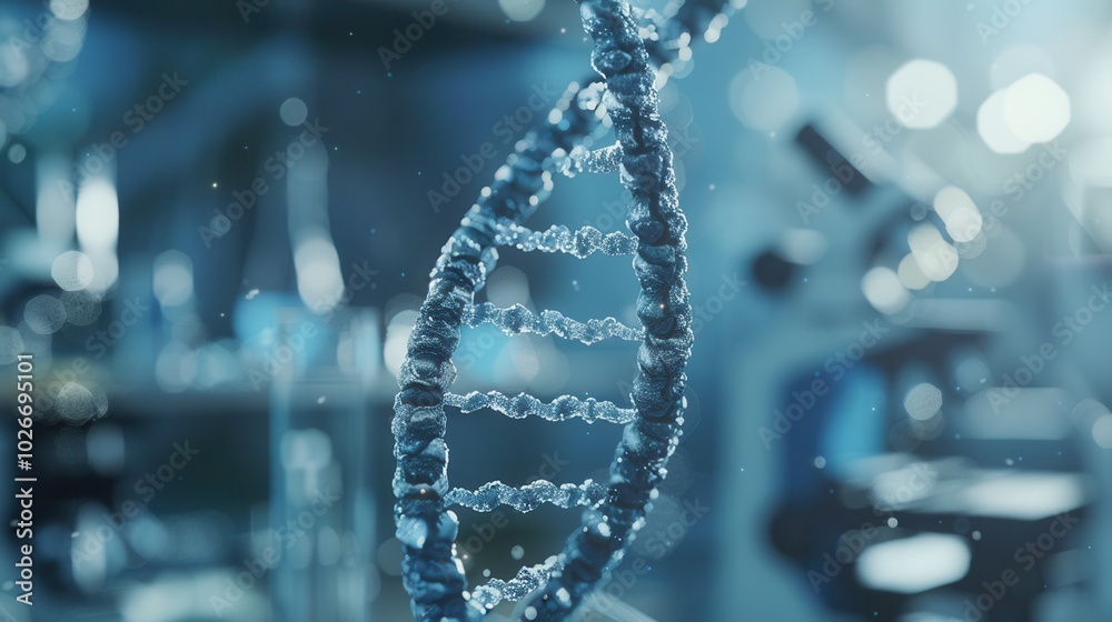 Poster A DNA strand is prominently displayed, surrounded by a laboratory setting that highlights ongoing scientific research and experimentation. Generative AI
