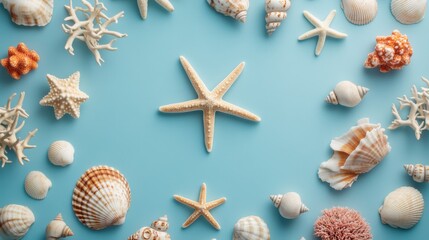 A flat-lay of seashells, starfish, and coral arranged artistically on a blue background.