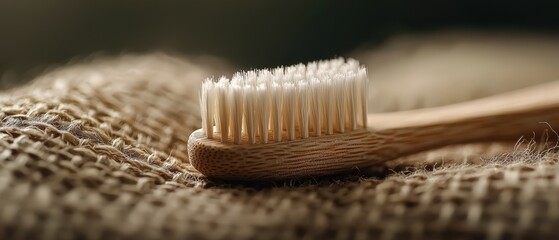  A tight shot of a wooden toothbrush against a burlap backdrop, with the toothbrush in the foreground
