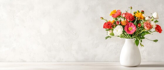  A white vase, brimming with numerous flowers, sits atop a weathered wooden table Before it stands a pristine white-painted wall