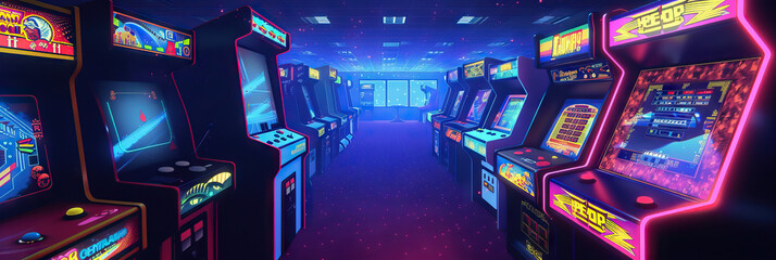 Retro Arcade Background: A nostalgic arcade background featuring classic video game art, adapted for a unique stage setting.