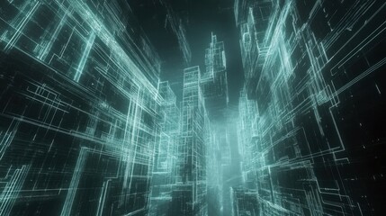 Obraz premium A futuristic city made of glowing lines and shapes, representing digital architecture.
