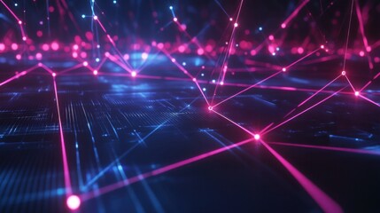 A futuristic digital grid with glowing lines and nodes representing data and connectivity.