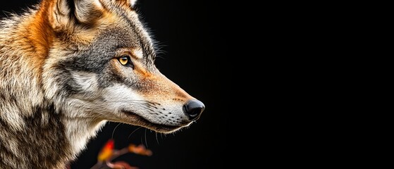 Fototapeta premium A tight shot of a wolf's face against a black backdrop In the foreground, a red bush is distinctly visible