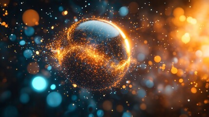 Obraz premium A glowing digital sphere surrounded by particles, symbolizing data and global communication.