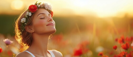 Fototapeta premium A woman dons a floral wreath, her eyes sealed in tranquility amidst a red and white bloomed field