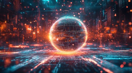 Fototapeta premium A glowing digital sphere surrounded by particles, symbolizing data and global communication.