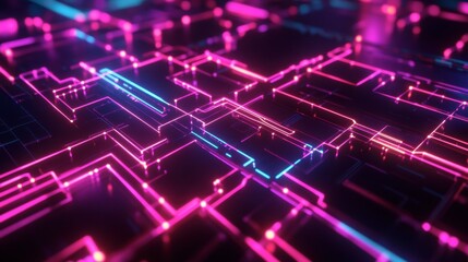 Obraz premium A glowing network of geometric shapes connected by thin neon lines, symbolizing data flow.