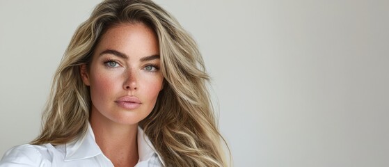 Fototapeta premium A woman with long blonde hair gazes seriously into the camera, clad in a white shirt