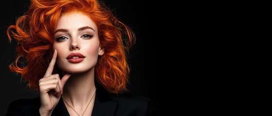  A woman with red hair raises a finger to her nose, scrutinizing with a serious expression toward the camera