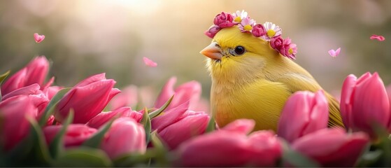  A yellow bird wearing a pink flower in its feathers, perched among pink tulip field - a butterfly graces its head