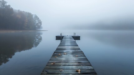 Obraz premium A calm morning on a reservoir with just one rustic dock