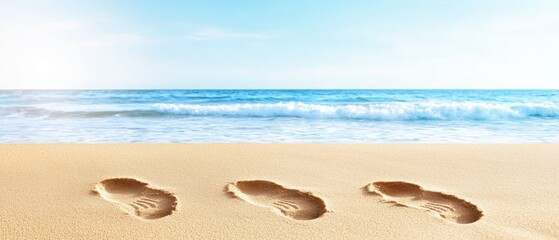 Obraz premium Three footprints imprinted in sandy beach, waves approaching, bright blue sky overhead