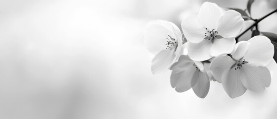  A monochrome image of a dogwood branch adorned with white blossoms