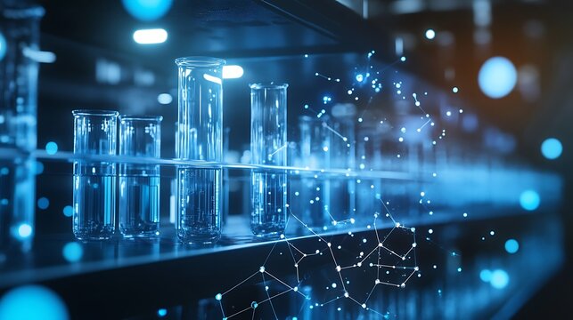 A futuristic chemistry lab with AI-assisted synthesis of complex organic compounds and digital analysis tools