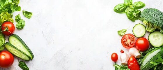  A vegetable-laden table sits atop a white surface, adjacent to a mound of tomatoes and cucumbers ..Or, for