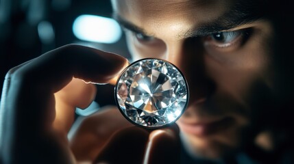 Naklejka premium A jeweler appraising a large loose diamond, examining it with a loupe.
