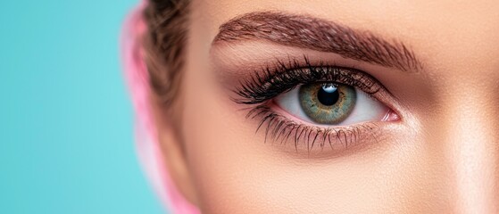 Obraz premium Close-up of woman's eye with pink ribbon beside it against blue background