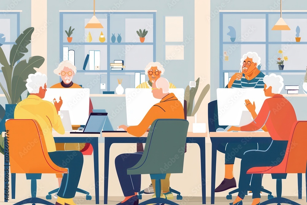 Poster A group of elderly individuals is focused on learning computer skills, using laptops and desktops in a communal setting. Generative AI