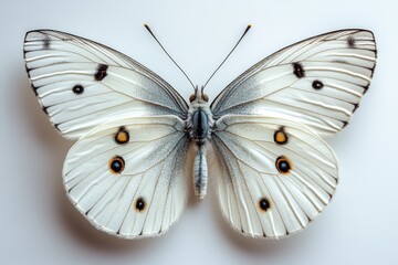 cabbage white butterfly with soft, pale wings, subtle black spots near the tips