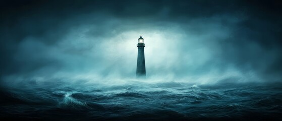  A lighthouse, with a light atop, stands in the midst of an oceanic expanse