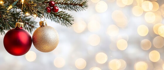 Obraz premium Two ornaments, red and golden, dangle from a Christmas tree Background illuminated by gold and red lights