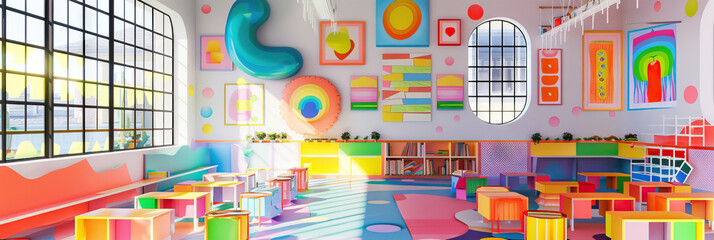 Arty Aesthetics: A colorful classroom with abstract artwork and bold patterns, encouraging creative expression.