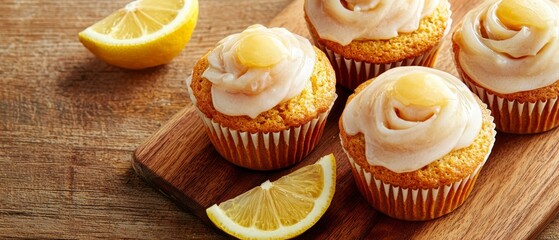  A wooden cutting board holds cupcakes, their surfaces smothered in frosting, and adjacent lies a sliced lemon with lemon wedges