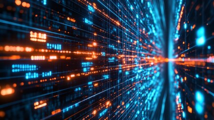 A matrix of glowing squares representing digital information transfer.