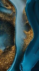 Abstract blue paint background with golden glitter powder