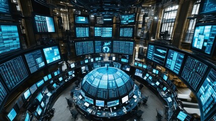 Obraz premium A modern trading floor with multiple screens displaying various stock market indices.