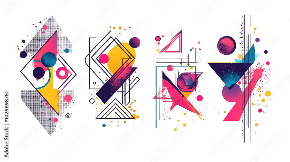 Poster vibrant abstract geometric patterns with playful color contrasts generative ai