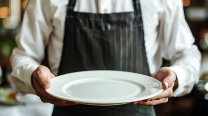 Waiter wearing an apron, holding an empty plate with both hands in a restaurant. Hospitality and service concept