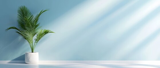  A green plant in a white vase, situated before a blue wall Light casts a shadow from above, illuminating the plant's top