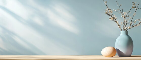  A blue vase atop a wooden table Nearby, a white and blue floral vase