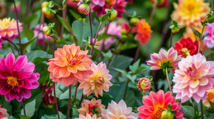 A garden with blooming multicolored dahlias on wallpaper, set against a summer evening sunset.