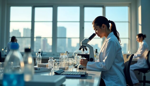 A female scientist in a futuristic lab during the day filled with natural light
