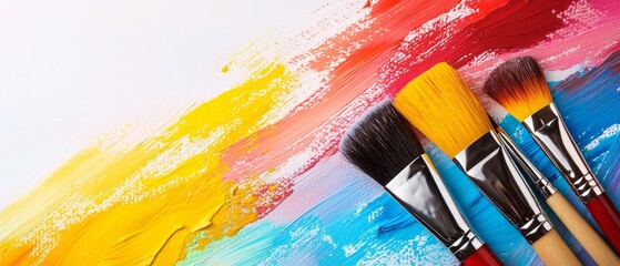 Obraz premium A collection of paint brushes aligned on an art paper, bearing various hues of paint