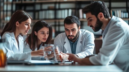 A team of scientists discussing research data in a laboratory, showcasing teamwork in a scientific setting.