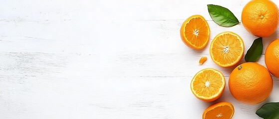  A collection of oranges atop a pristine white table, adjacent to an assemblage of verdant, leafy greens