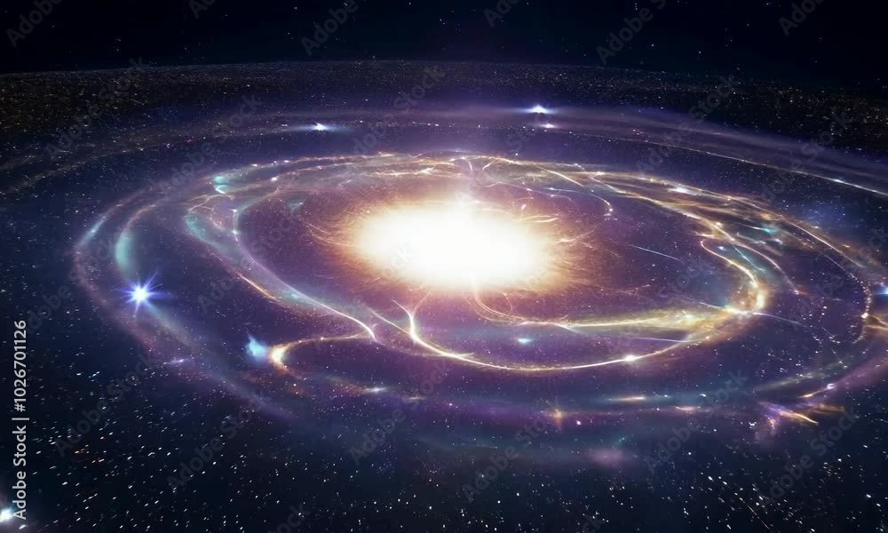 Wall mural tracking shot with starburst event: the camera starts by focusing on a starburst event in a galaxy, 