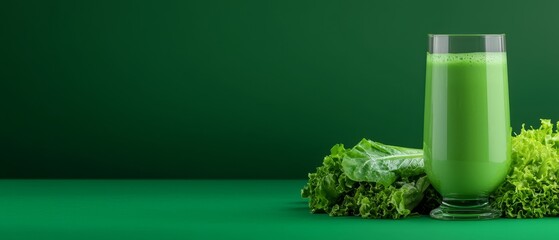  A glass holding green liquid sits near a mound of lettuce atop a green tablecloth