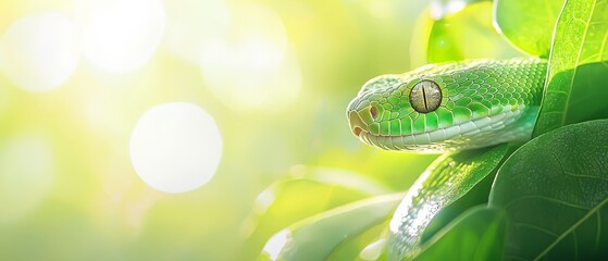 Fototapeta premium A tight shot of a green snake coiled on a verdant branch, sunlight filtering through overhanging foliage