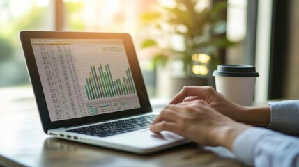Close-up of a spreadsheet with financial data displayed on a laptop screen, with hands typing and a coffee cup nearby.
