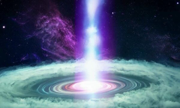 Tilt shot with cosmic energy bursts: The camera starts by focusing on bursts of cosmic energy from a distant quasar or gamma-ray burst, capturing their intensity, then tilts to reveal their impact on 