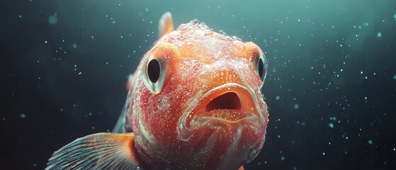  A tight shot of a fish with water bubbles clinging to its face against a backdrop of uninterrupted blackness The watery sphere surface shimmers, mirroring the